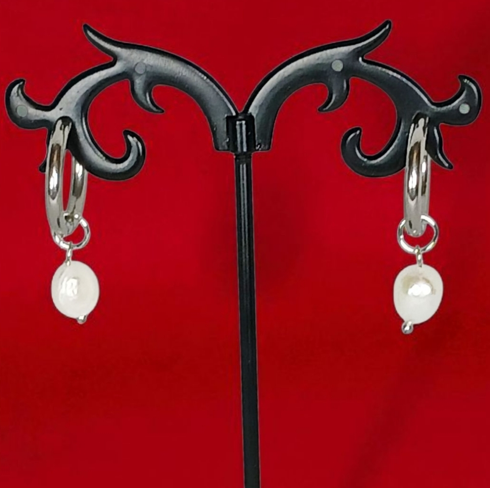 Silver Hoops Interchangable Pearl & Hot Pink Enamel Charms Mod 1960s Dopamine - Picture 3 of 10
